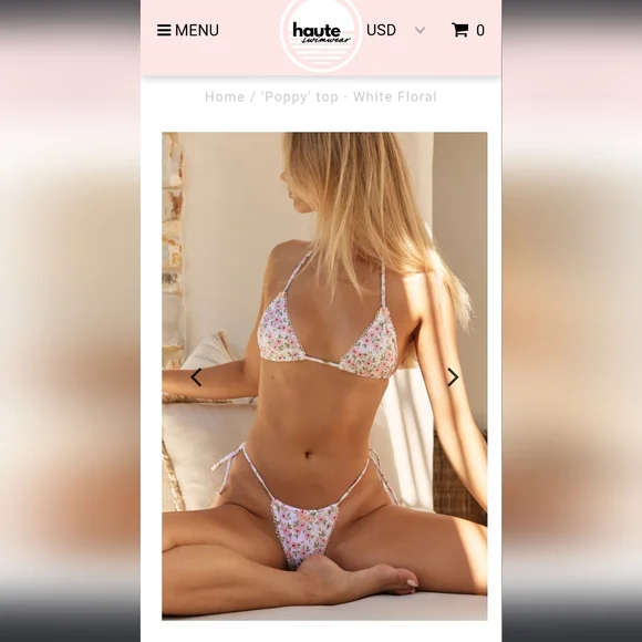 HAUTE swim pink poppies green leaves ribbon bows edging triangle string bikini - Picture 7 of 17